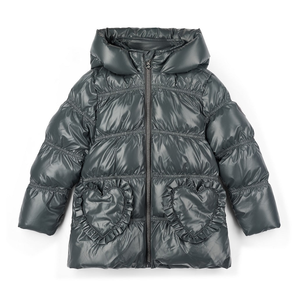 ADEE BTS The Luna padded jacket features cute heart shaped pockets on the front and diamante badge on one sleeve. Complete with full hood and branded zip fastening. Dark Grey