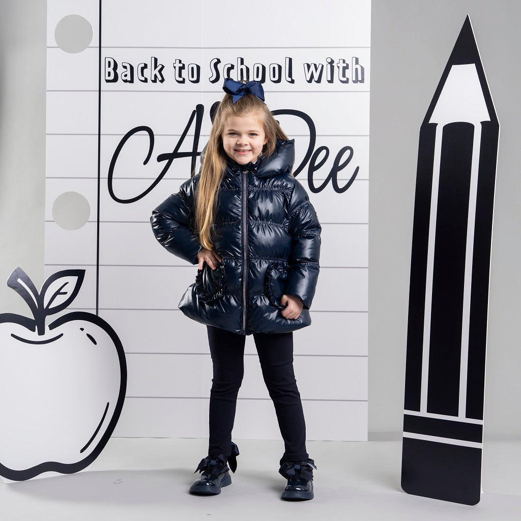 ADEE BTS The Luna padded jacket features cute heart shaped pockets on the front and diamante badge on one sleeve. Complete with full hood and branded zip fastening. Navy