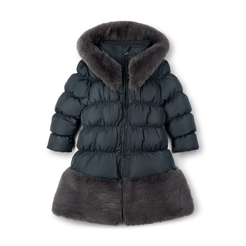 ADEE BTS The Rhea long length padded jacket features a luxurious fur trim around the hem and on the hood. Complete with a diamante badge on one sleeve and branded zip fastening. The perfect jacket to keep cosy going back to school. Dark Grey