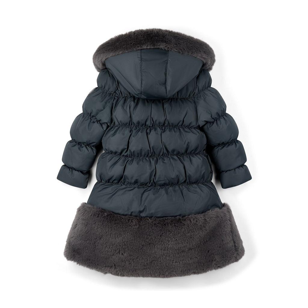 ADEE BTS The Rhea long length padded jacket features a luxurious fur trim around the hem and on the hood. Complete with a diamante badge on one sleeve and branded zip fastening. The perfect jacket to keep cosy going back to school. Dark Grey