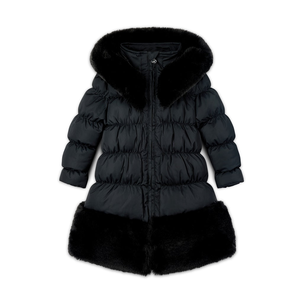 ADEE BTS The Rhea long length padded jacket features a luxurious fur trim around the hem and on the hood. Complete with a diamante badge on one sleeve and branded zip fastening. The perfect jacket to keep cosy going back to school.