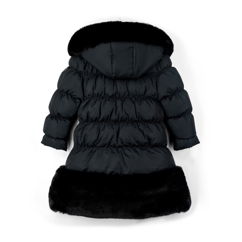 ADEE BTS The Rhea long length padded jacket features a luxurious fur trim around the hem and on the hood. Complete with a diamante badge on one sleeve and branded zip fastening. The perfect jacket to keep cosy going back to school.