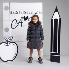 ADEE BTS The Rhea long length padded jacket features a luxurious fur trim around the hem and on the hood. Complete with a diamante badge on one sleeve and branded zip fastening. The perfect jacket to keep cosy going back to school. Dark Grey