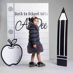 ADEE BTS The Rhea long length padded jacket features a luxurious fur trim around the hem and on the hood. Complete with a diamante badge on one sleeve and branded zip fastening. The perfect jacket to keep cosy going back to school. Dark Grey