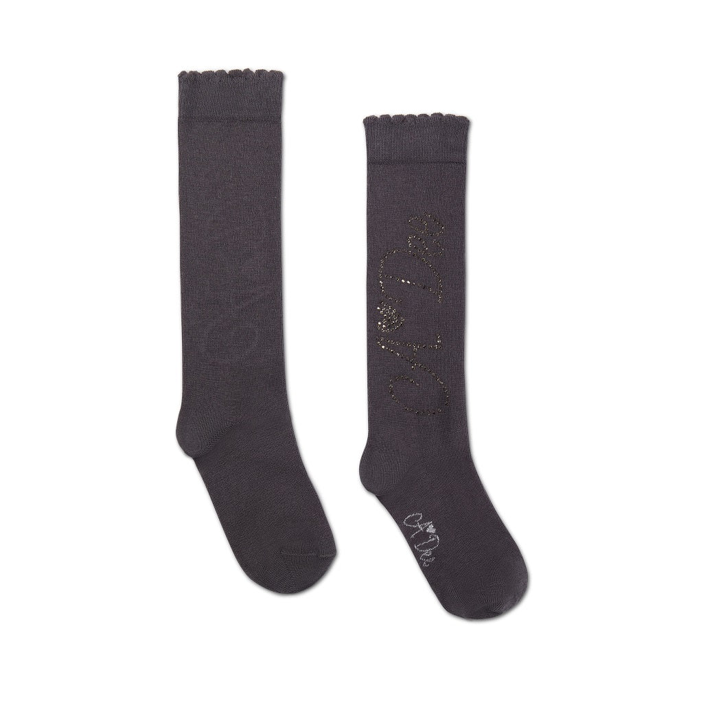 ADEE Complete your back to school outfit with the Seren knee high socks. Featuring a sparkling diamante logo on each side. Dark Grey