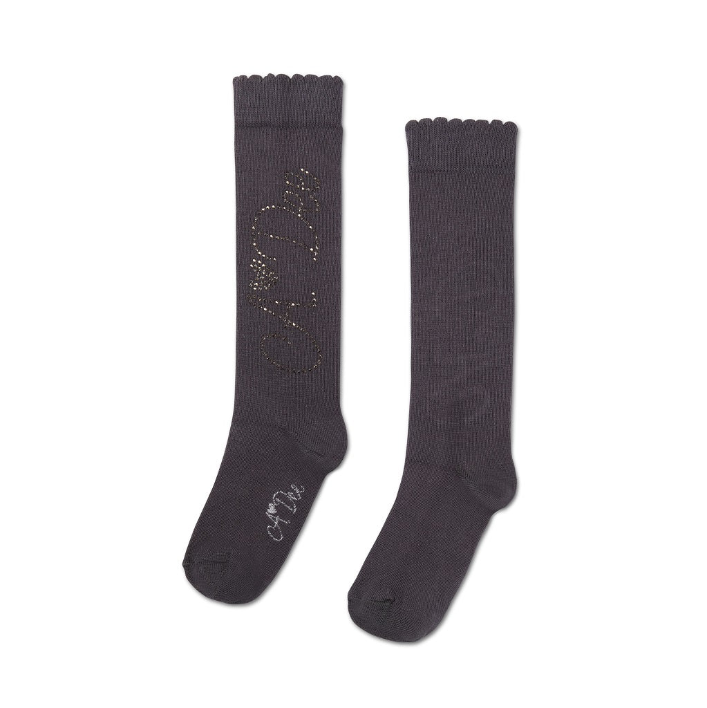 ADEE Complete your back to school outfit with the Seren knee high socks. Featuring a sparkling diamante logo on each side. Dark Grey