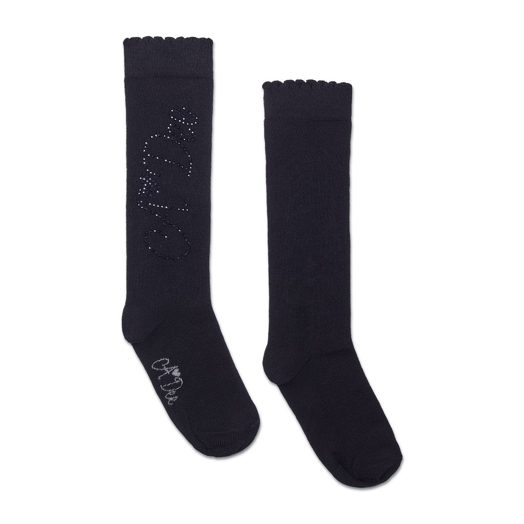 ADEE Complete your back to school outfit with the Seren knee high socks. Featuring a sparkling diamante logo on each side. Black