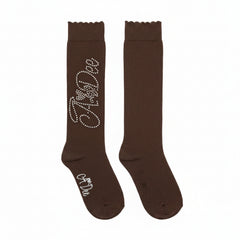 ADEE Complete your back to school outfit with the Seren knee high socks. Featuring a sparkling diamante logo on each side. Brown