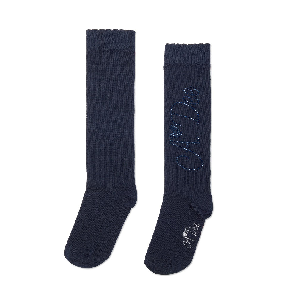 ADEE Complete your back to school outfit with the Seren knee high socks. Featuring a sparkling diamante logo on each side. Dark Navy