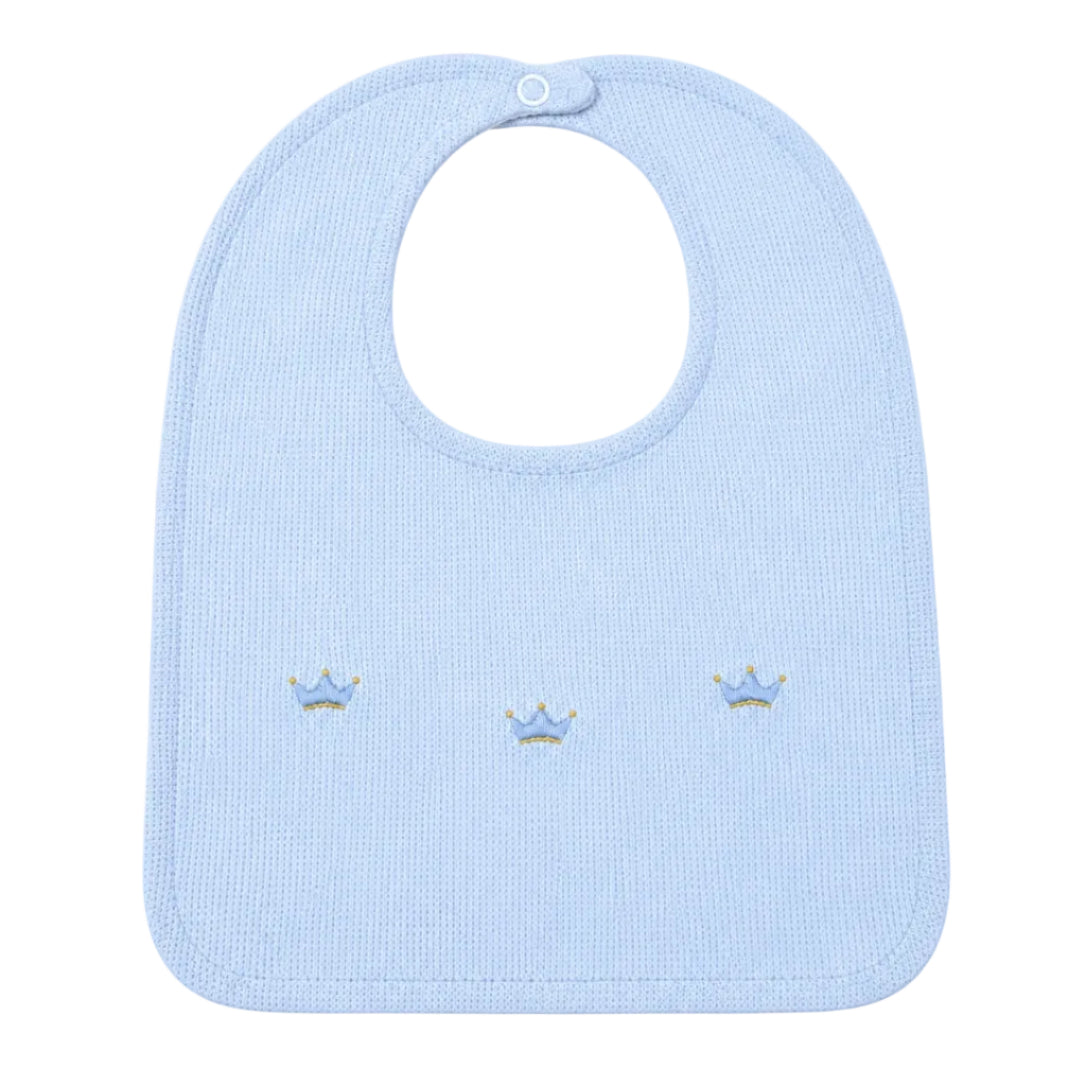 Handcrafted in Peru bib with charming embroidered crowns motif in pale blue and gold. A special gift for a new baby boys from the Adriana Mae Celeste Reale Collection. Pima Cotton.