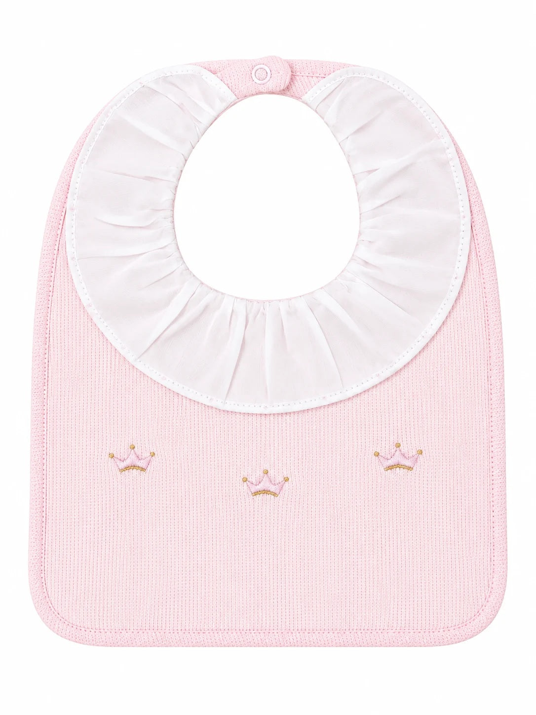 Rosa Reale Collection Pima Cotton. Handcrafted bib in Peru with charming embroidered crowns motif in pink and gold. A special gift for a new baby girl from the Adriana Mae collection.