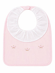 Rosa Reale Collection Pima Cotton. Handcrafted bib in Peru with charming embroidered crowns motif in pink and gold. A special gift for a new baby girl from the Adriana Mae collection.