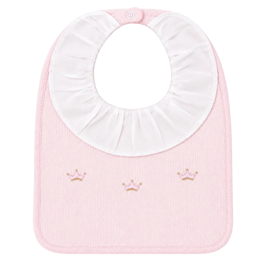 Rosa Reale Collection Pima Cotton. Handcrafted bib in Peru with charming embroidered crowns motif in pink and gold. A special gift for a new baby girl from the Adriana Mae collection.