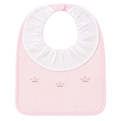 Rosa Reale Collection Pima Cotton. Handcrafted bib in Peru with charming embroidered crowns motif in pink and gold. A special gift for a new baby girl from the Adriana Mae collection.