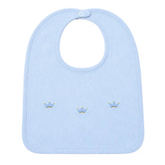 Handcrafted in Peru bib with charming embroidered crowns motif in pale blue and gold. A special gift for a new baby boys from the Adriana Mae Celeste Reale Collection. Pima Cotton.
