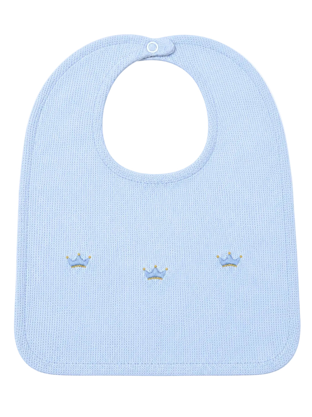 Handcrafted in Peru bib with charming embroidered crowns motif in pale blue and gold. A special gift for a new baby boys from the Adriana Mae Celeste Reale Collection. Pima Cotton.