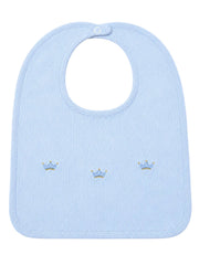 Handcrafted in Peru bib with charming embroidered crowns motif in pale blue and gold. A special gift for a new baby boys from the Adriana Mae Celeste Reale Collection. Pima Cotton.