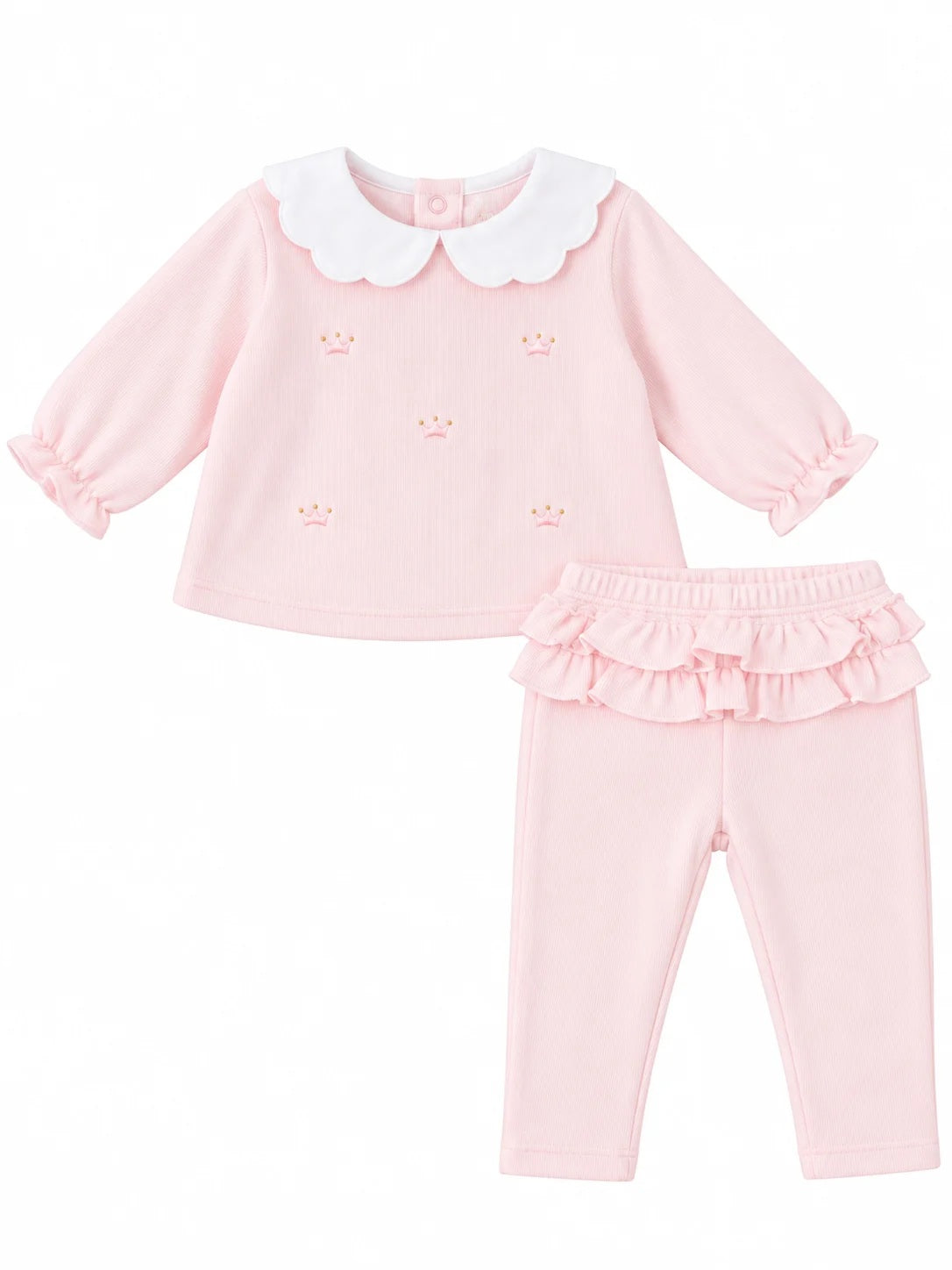 Luxurious 2 piece trouser set handcrafted in Peru with charming embroidered crowns motif in pale pink and gold. Perfect for keeping baby cosy day and night. A special gift for a new baby girls from the Adriana Mae Rosa Reale Collection.