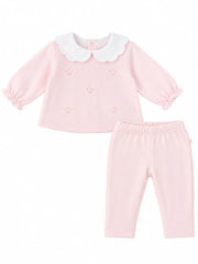 Luxurious 2 piece trouser set handcrafted in Peru with charming embroidered crowns motif in pale pink and gold. Perfect for keeping baby cosy day and night. A special gift for a new baby girls from the Adriana Mae Rosa Reale Collection.