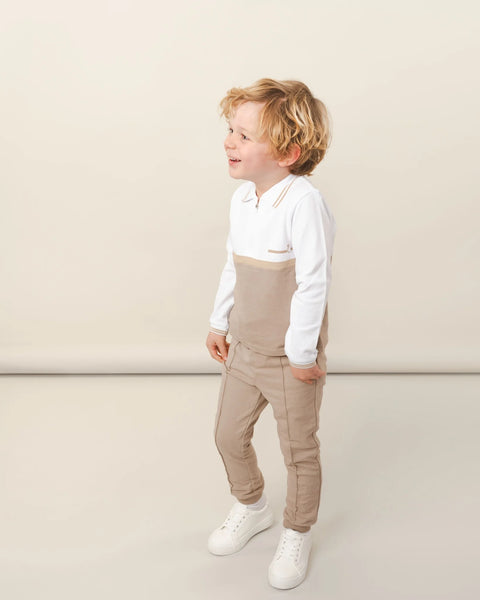 Boys Pique Zip Neck Polo Set Beige