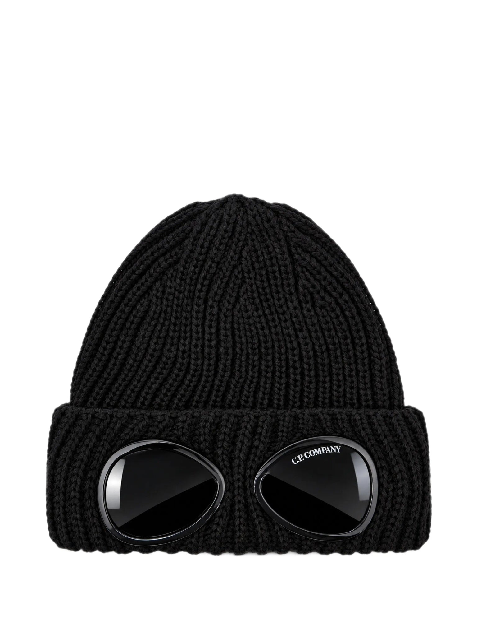 C.P. Company Kids ribbed knit beanie hat, signature goggle detail. 100% Wool. Black