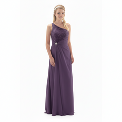 LINZI JAY Ladies Full length lavender chiffon dress with one shoulder beaded lace top. Lace up back.