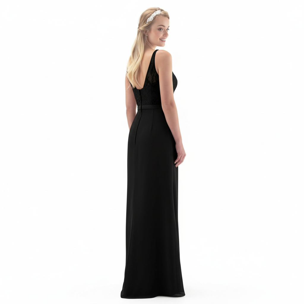 LINZI JAY Ladies&nbsp;Black full length chiffon dress with beading and embroidery detail on the bodice, satin waistband