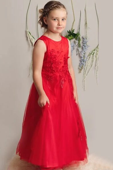 Elegant Flower Tulle Dress Ankle Red