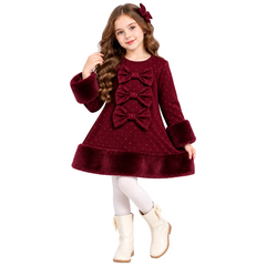Girls Maroon diamante dress featuring three decorative diamante bows with faux fur trims adds elegance for a charming, party-ready look. Perfect for special occasions with a touch of glamour.