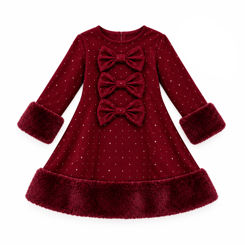 Girls Maroon diamante dress featuring three decorative diamante bows with faux fur trims adds elegance for a charming, party-ready look. Perfect for special occasions with a touch of glamour.