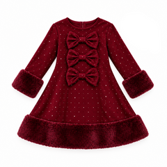 Girls Maroon diamante dress featuring three decorative diamante bows with faux fur trims adds elegance for a charming, party-ready look. Perfect for special occasions with a touch of glamour.