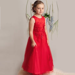 Elegant Flower Tulle Dress Ankle Red