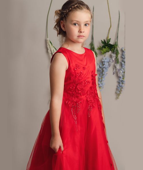 Elegant Flower Tulle Dress Ankle Red