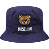 Baby bucket hat by Moschino made in a soft cotton poplin with a hint of stretch, it has a brown Moschino Teddy Bear and logo print. Navy