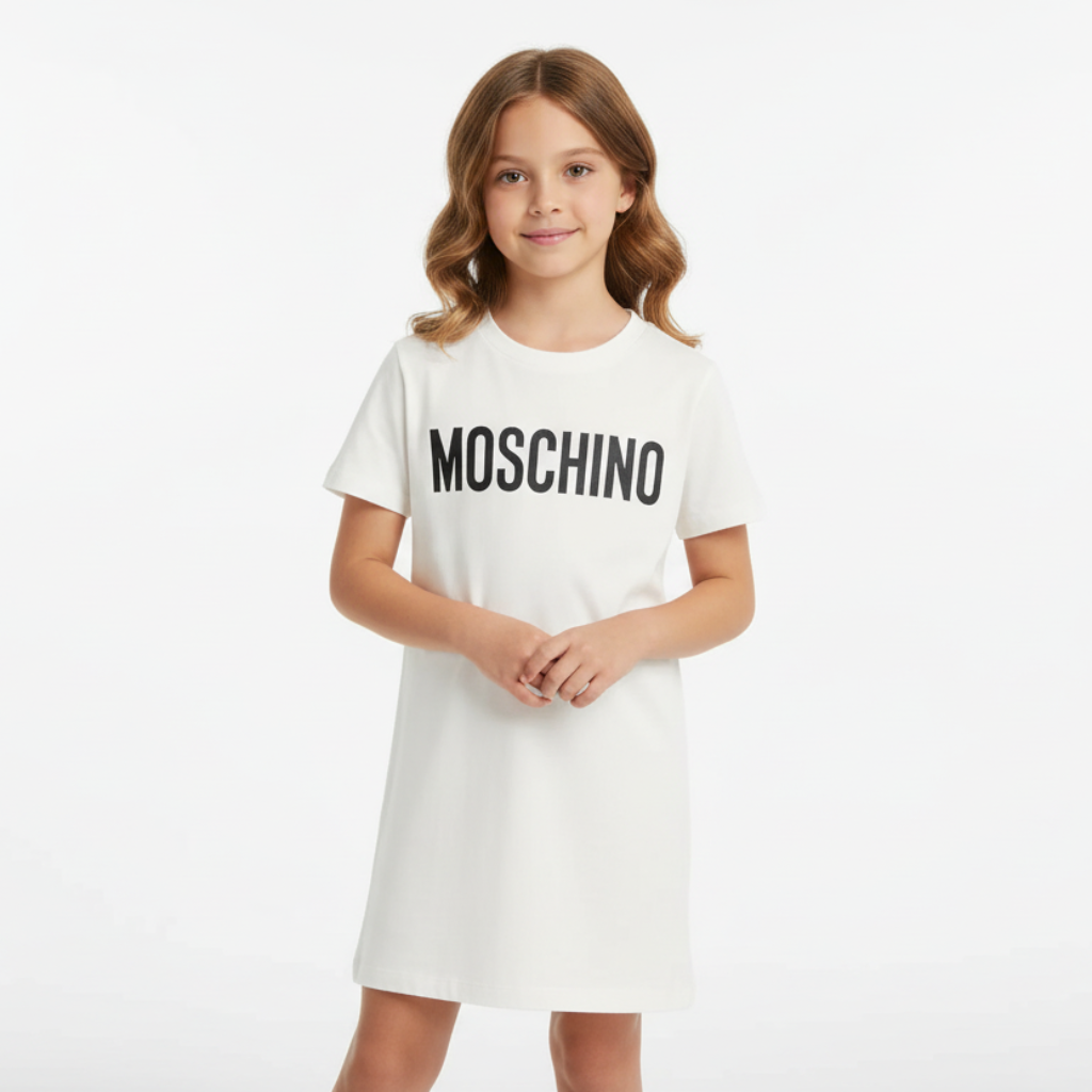 Girls Moschino dress is perfect for girls who love comfort and style. Made with soft, mid-weight jersey and featuring a bold black logo on the front and convenient side seam