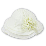SARAH LOUISE Baby girls sunhat, a beautiful scalloped trim with a delicate rose floral detail. Sun hat with detachable ties.