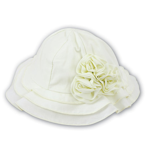 SARAH LOUISE Baby girls sunhat, a beautiful scalloped trim with a delicate rose floral detail. Sun hat with detachable ties.