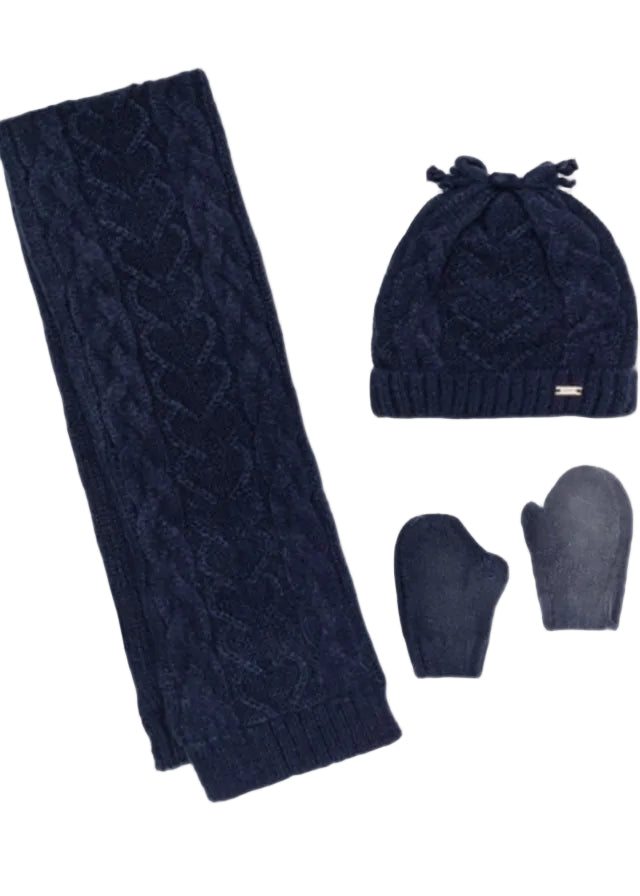 A dark navy blue winter accessory set including a cable-knit scarf, a knit beanie with a small front logo tab, and a pair of knit mittens.