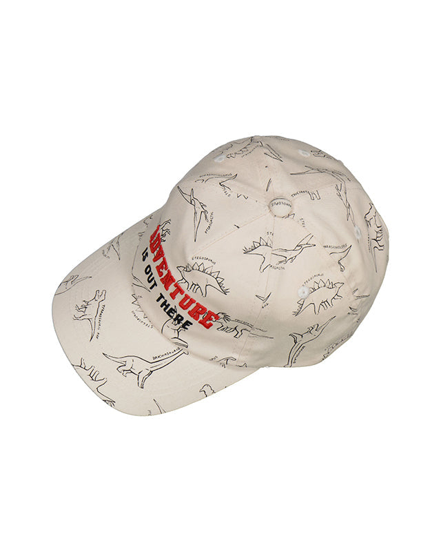 Mayoral A white cap with red and gray animal print and a red adjustable strap with white text on it.