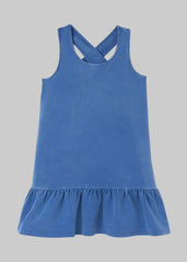 Mayoral girls washed cotton dress with cross back for junior girl. Indigo