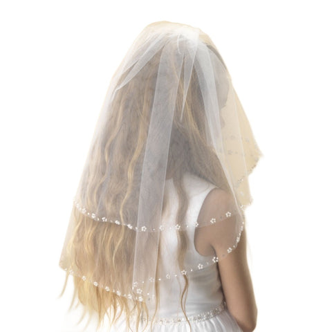 Pearl & Flower Trim Communion Veil - Kizzies, Veils - Childrens Wear