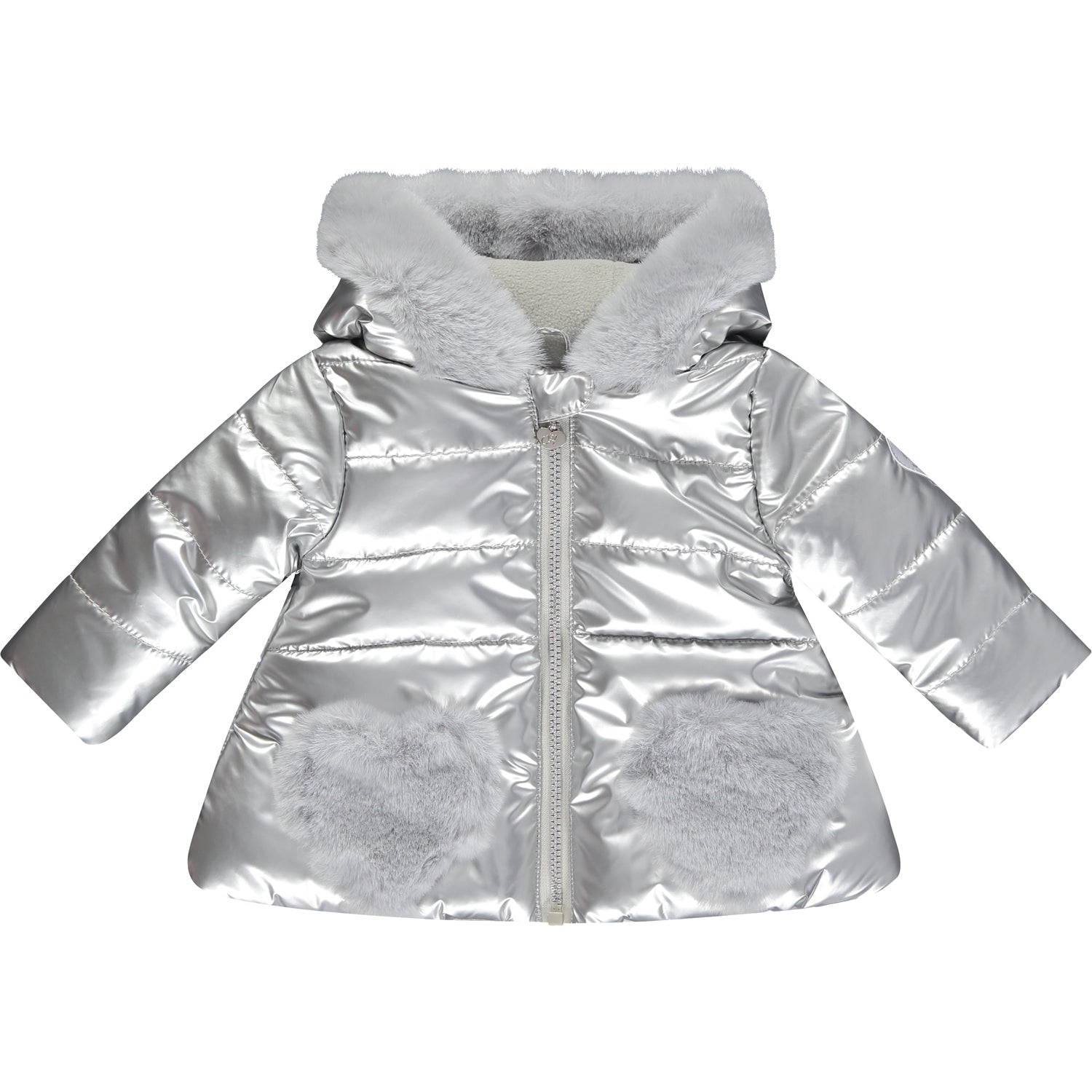 LITTLE A Faux Fur Heart Pocket Jacket Silver - Kizzies