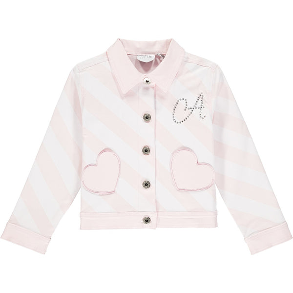 ADEE <span style="font-size: 0.875rem;">Diagonal stripe denim jacket in pink and white with glitter print A*Dee on back</span>
