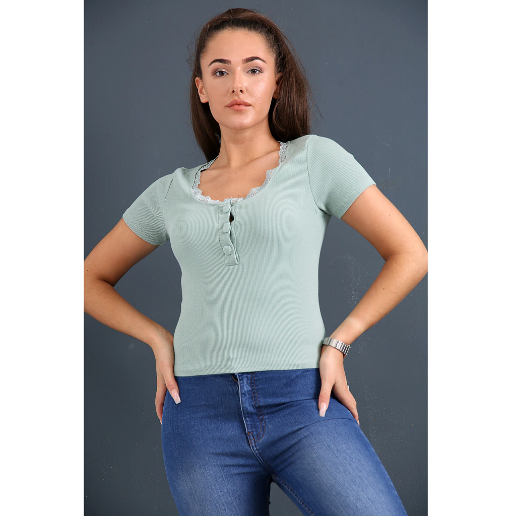 Lace Trim Button Top Blue