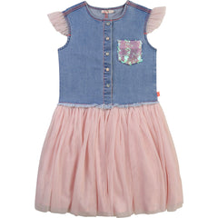 Girls Sequin Pocket Denim Tulle  Dress