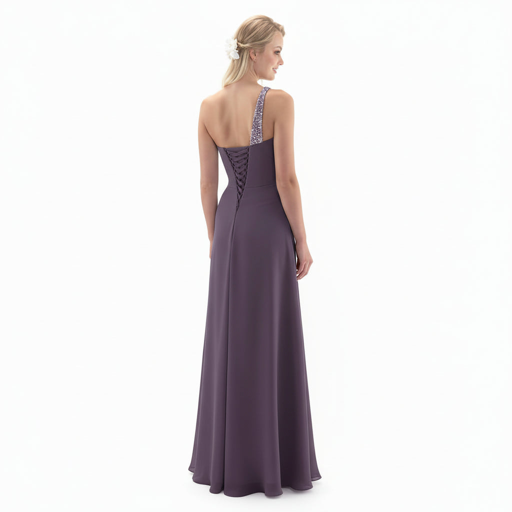LINZI JAY Ladies Full length lavender chiffon dress with one shoulder beaded lace top. Lace up back.&nbsp;