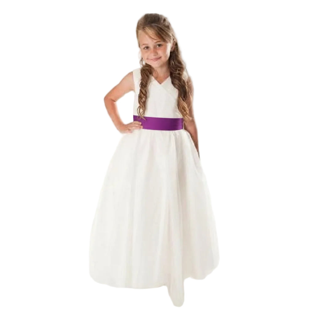 LINZI JAY Ivory dress, crossover bodice with full tulle skirt, chiffon sash. Ivory Violet
