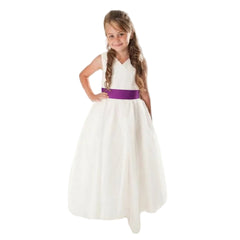 LINZI JAY Ivory dress, crossover bodice with full tulle skirt, chiffon sash. Ivory Violet