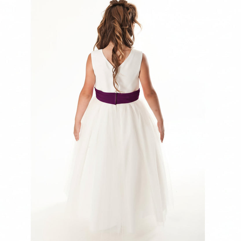 LINZI JAY Ivory dress, crossover bodice with full tulle skirt, chiffon sash. Ivory Violet