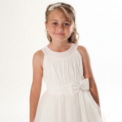 Linzi Jay White chiffon bodice with pretty bow detail on the waist and full tulle skirt. Zip up back. Style: FK051 White